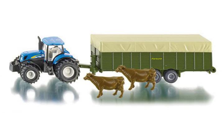 SIKU Farmer - traktor New Holland s vlekem pro přepravu zvířat