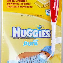 Huggies Vlhčené obrousky Pure Nine Pack 9 × 64ks + dárek: Vileda kartáč na láhve