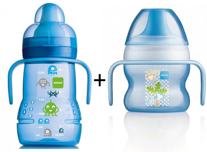 Mam Nevylévací láhev Trainer 220ml + hrnek Starter cup 150ml, modrá