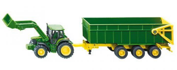 SIKU John Deere s čelním nakladačem a přívěsem, měřítko 1:87