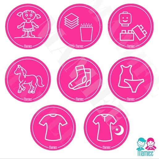 Set samolepek s piktogramy oblečení a hraček pro holky